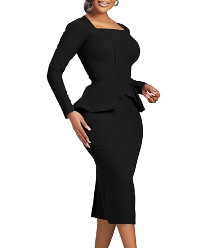 SOMTHRON Women's Vintage Ruffle Peplum Bodycon Midi Dresses Square